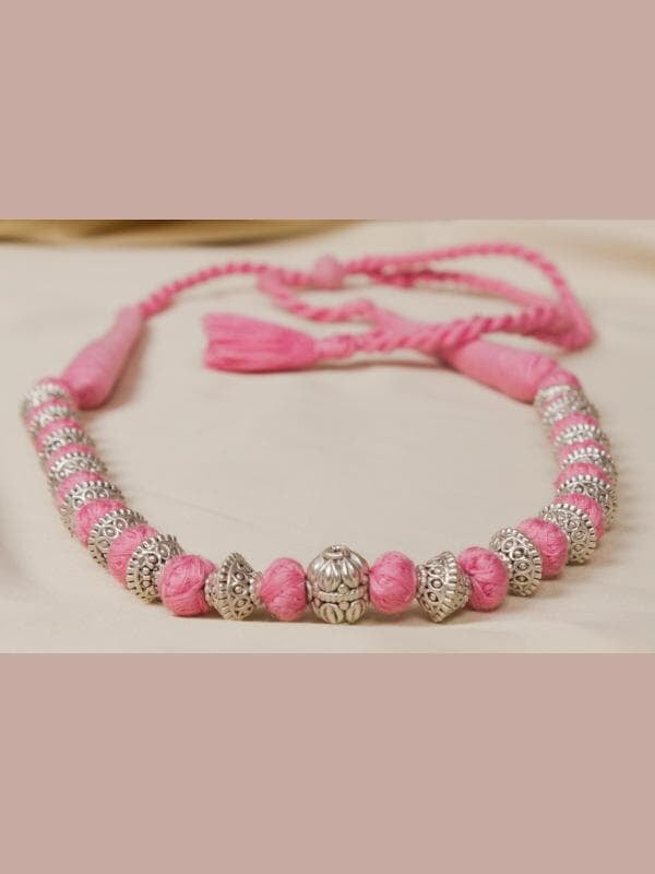 Silver Carved Bead Pink Dorje Chain Silver Carved Bead Pink Dorje Chain