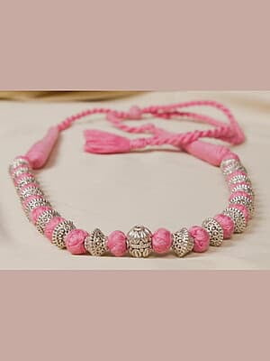 Silver Carved Bead Pink Dorje Chain Silver Carved Bead Pink Dorje Chain