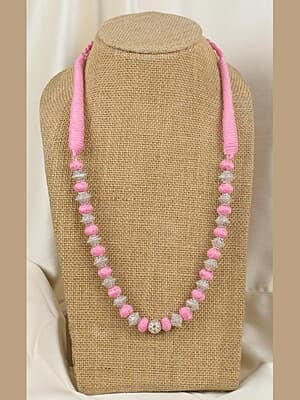 Silver Carved Bead Pink Dorje Chain Silver Carved Bead Pink Dorje Chain