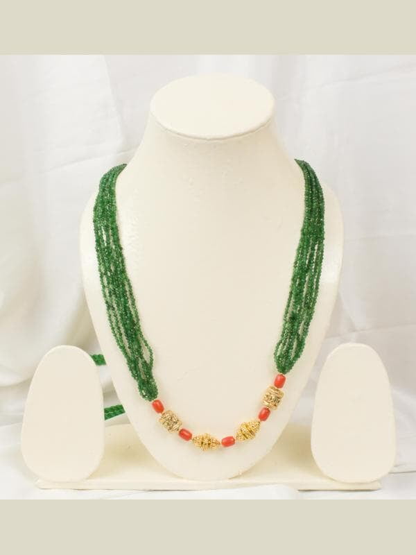 Gold Carved Real Coral with Green Stone Chain Necklace
