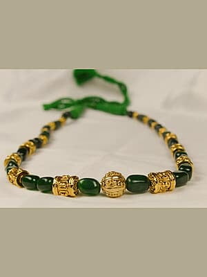 Gold Carved Multi Shape Interspaced Green Stone Chain Gold Carved Multi Shape Interspaced Green Stone Chain