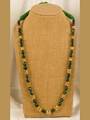 Gold Carved Multi Shape Interspaced Green Stone Chain Gold Carved Multi Shape Interspaced Green Stone Chain