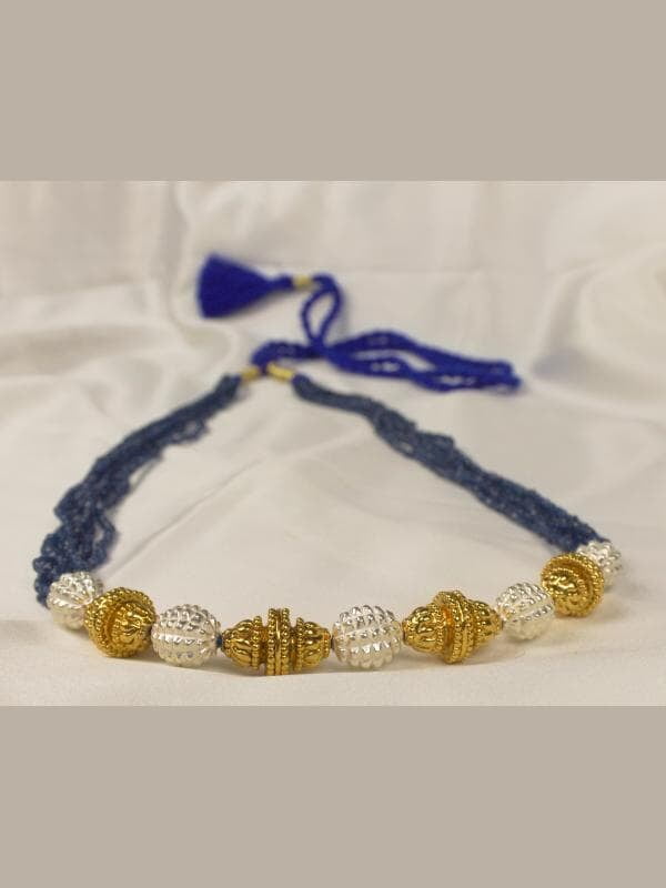 Gold Carved Silver Carved Bead Pearl Interspaced Blue Stone Chain Gold Carved Silver Carved Bead Pearl Interspaced Blue Stone Chain